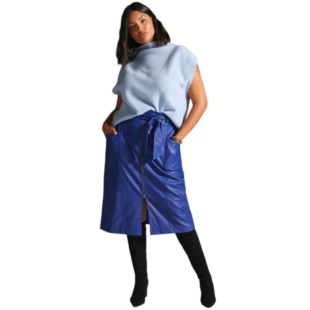 EVA FRANCO Royal Blue‎ Faux Leather Midi Skirt